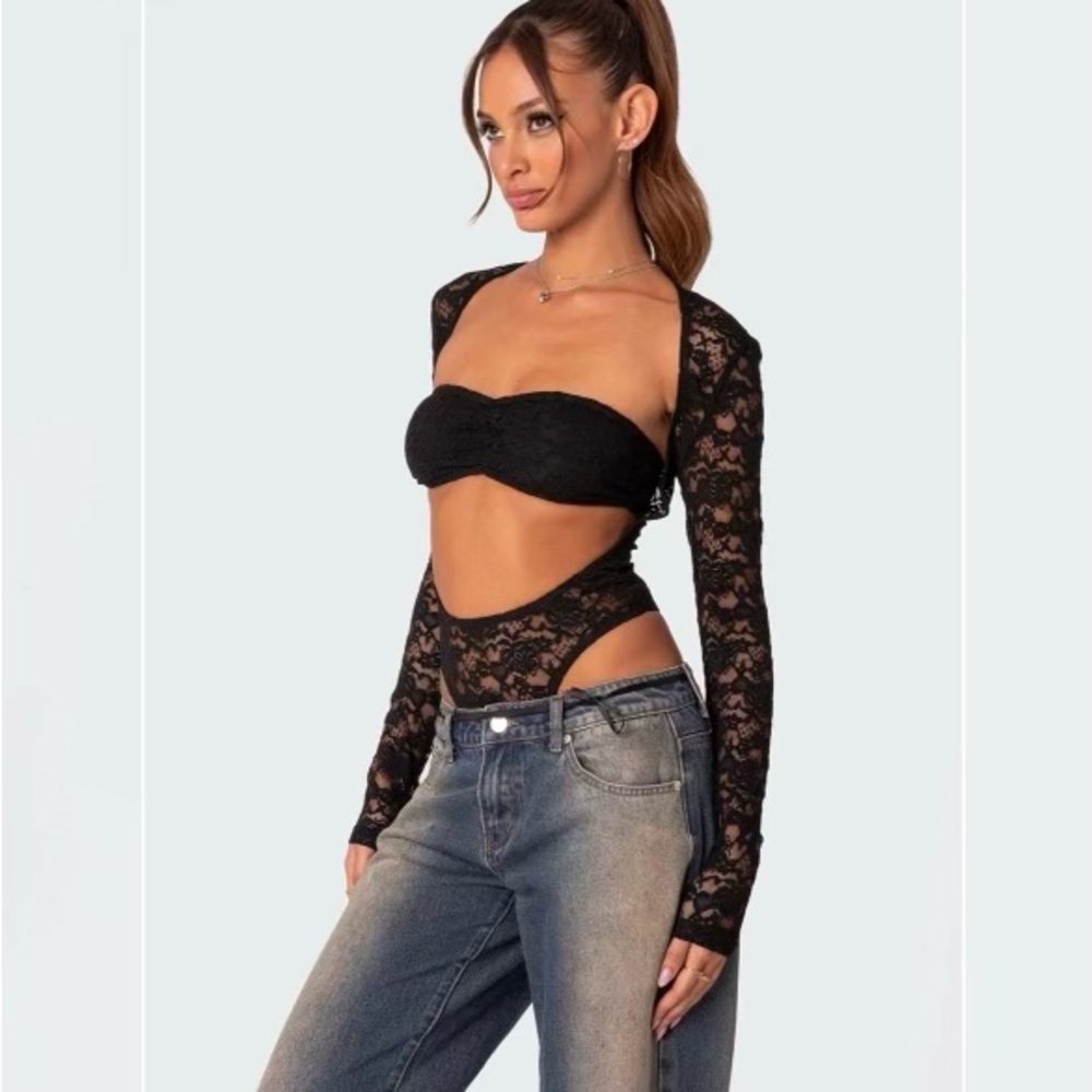 EDIKTED Zoey Sheer Lace Two Piece Bodysuit Black
